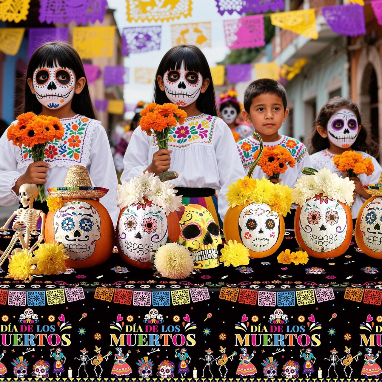 2 Pcs Day of The Dead Table Cloth(Day of the Dead)108"L x 54"W